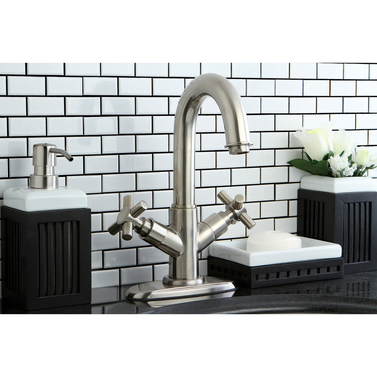 Concord KS8458JX Two-Handle 1-or-3 Hole Deck Mount Bathroom Faucet with Push Pop-Up, Brushed Nickel