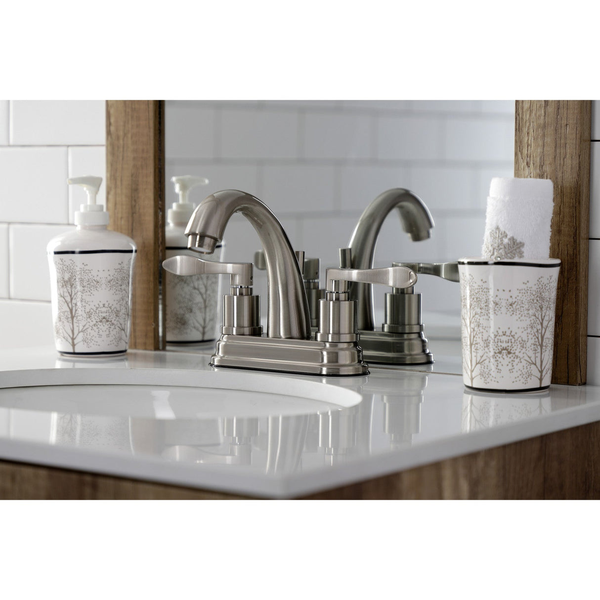 KS8618DFL Two-Handle 3-Hole Deck Mount 4" Centerset Bathroom Faucet with Brass Pop-Up, Brushed Nickel