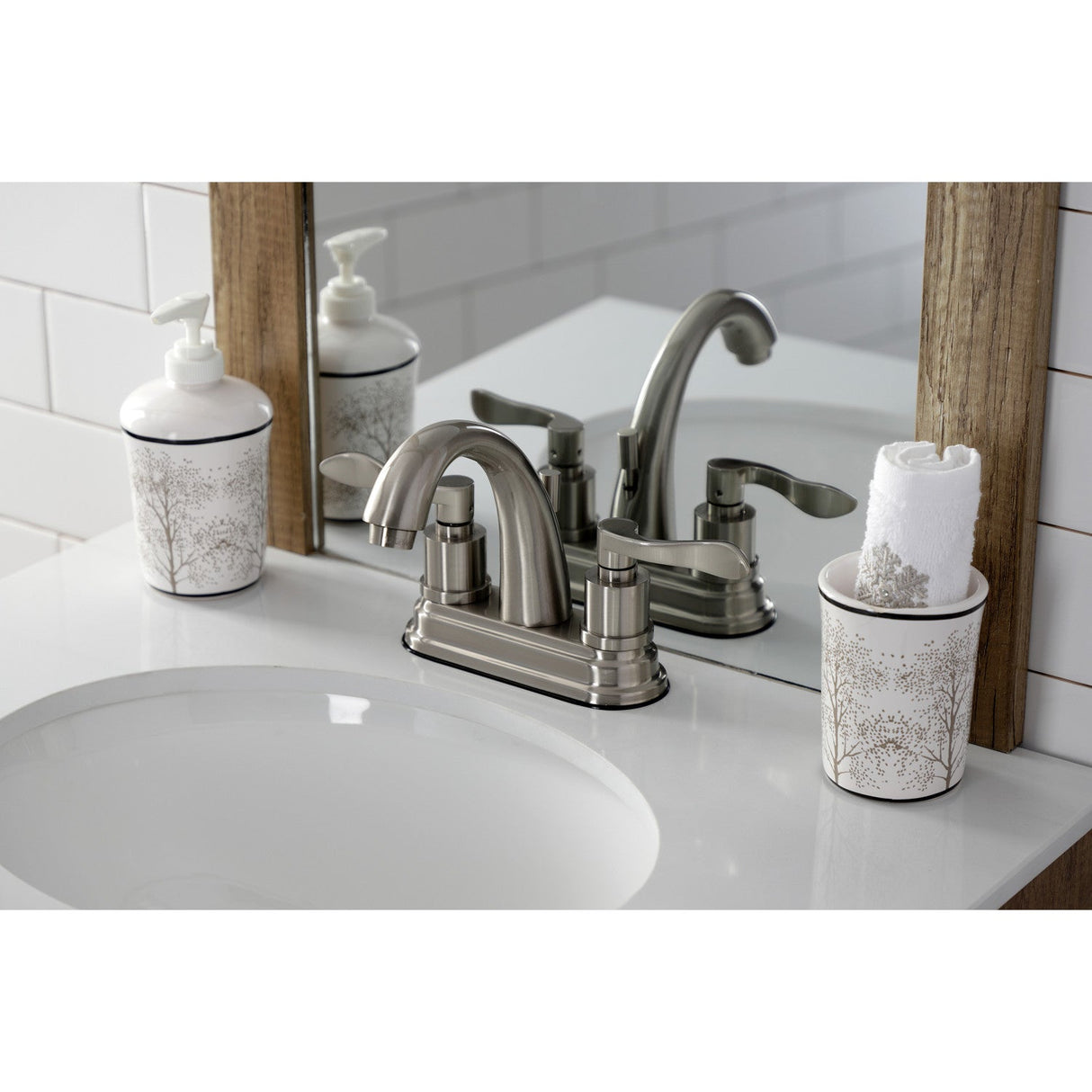 KS8618DFL Two-Handle 3-Hole Deck Mount 4" Centerset Bathroom Faucet with Brass Pop-Up, Brushed Nickel