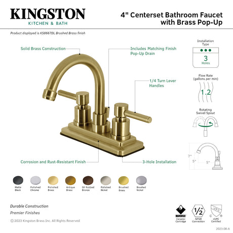Concord KS8662DL Two-Handle 3-Hole Deck Mount 4" Centerset Bathroom Faucet with Brass Pop-Up, Polished Brass