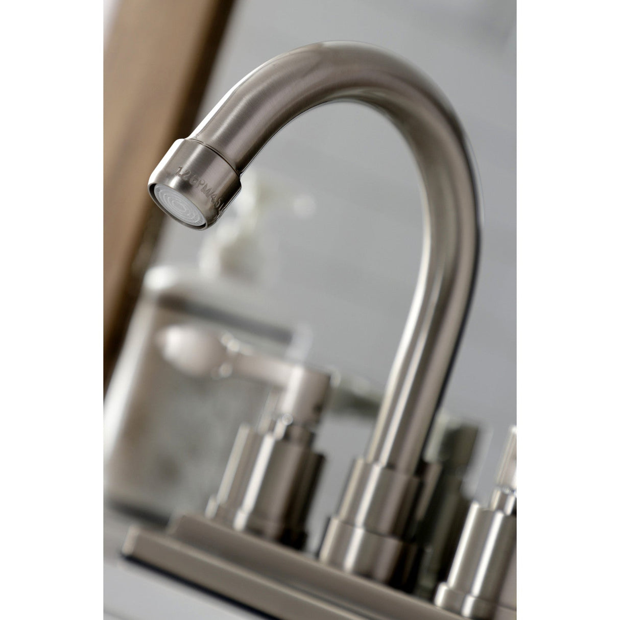 NuWave KS8668DFL Two-Handle 3-Hole Deck Mount 4" Centerset Bathroom Faucet with Brass Pop-Up, Brushed Nickel