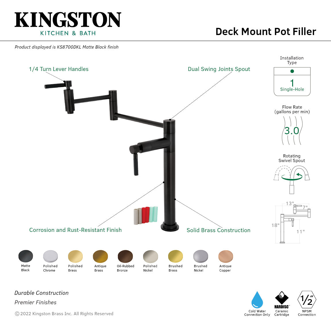 Kaiser KS8700DKL Two-Handle 1-Hole Deck Mount Pot Filler, Matte Black