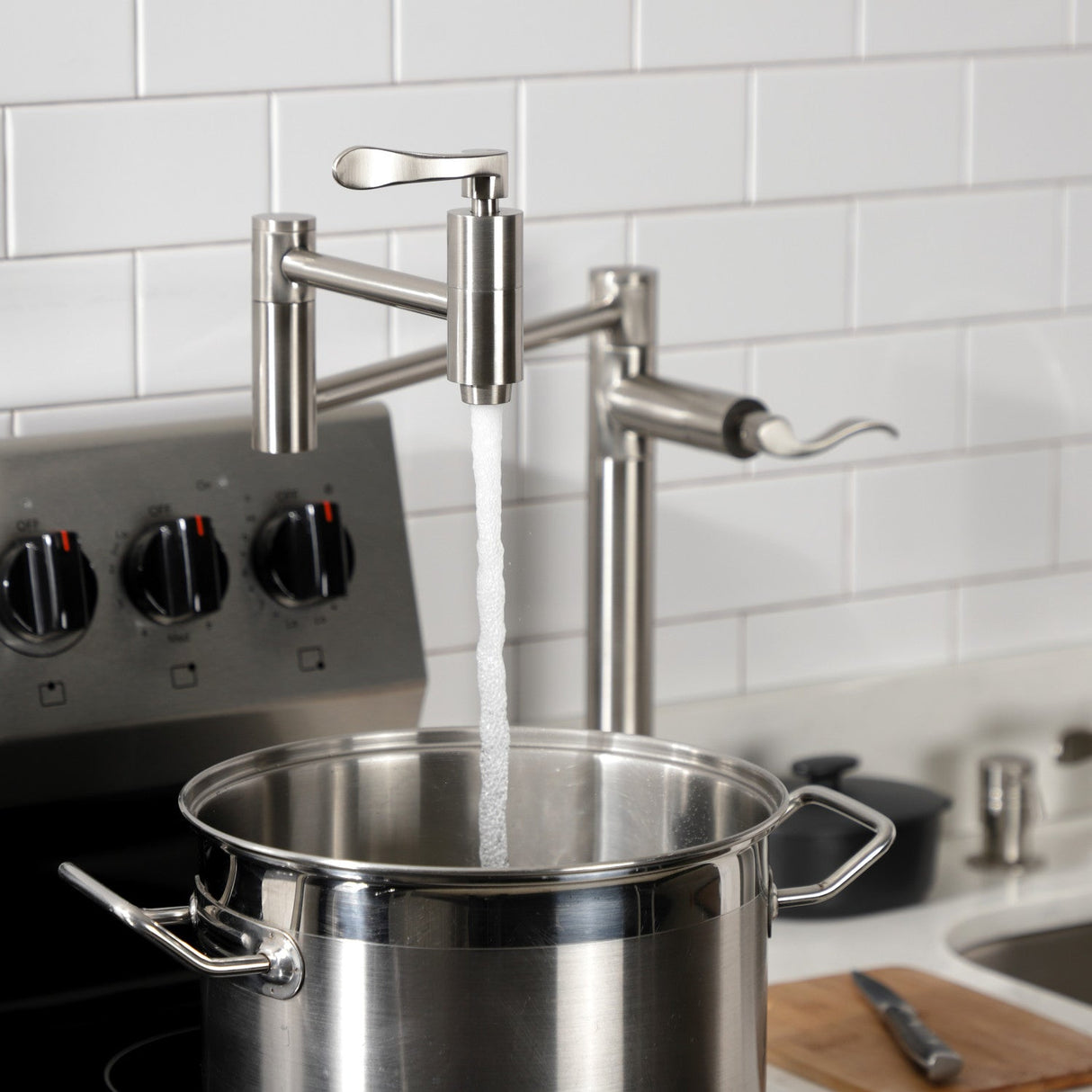 NuWave KS8708DFL Two-Handle 1-Hole Deck Mount Pot Filler, Brushed Nickel