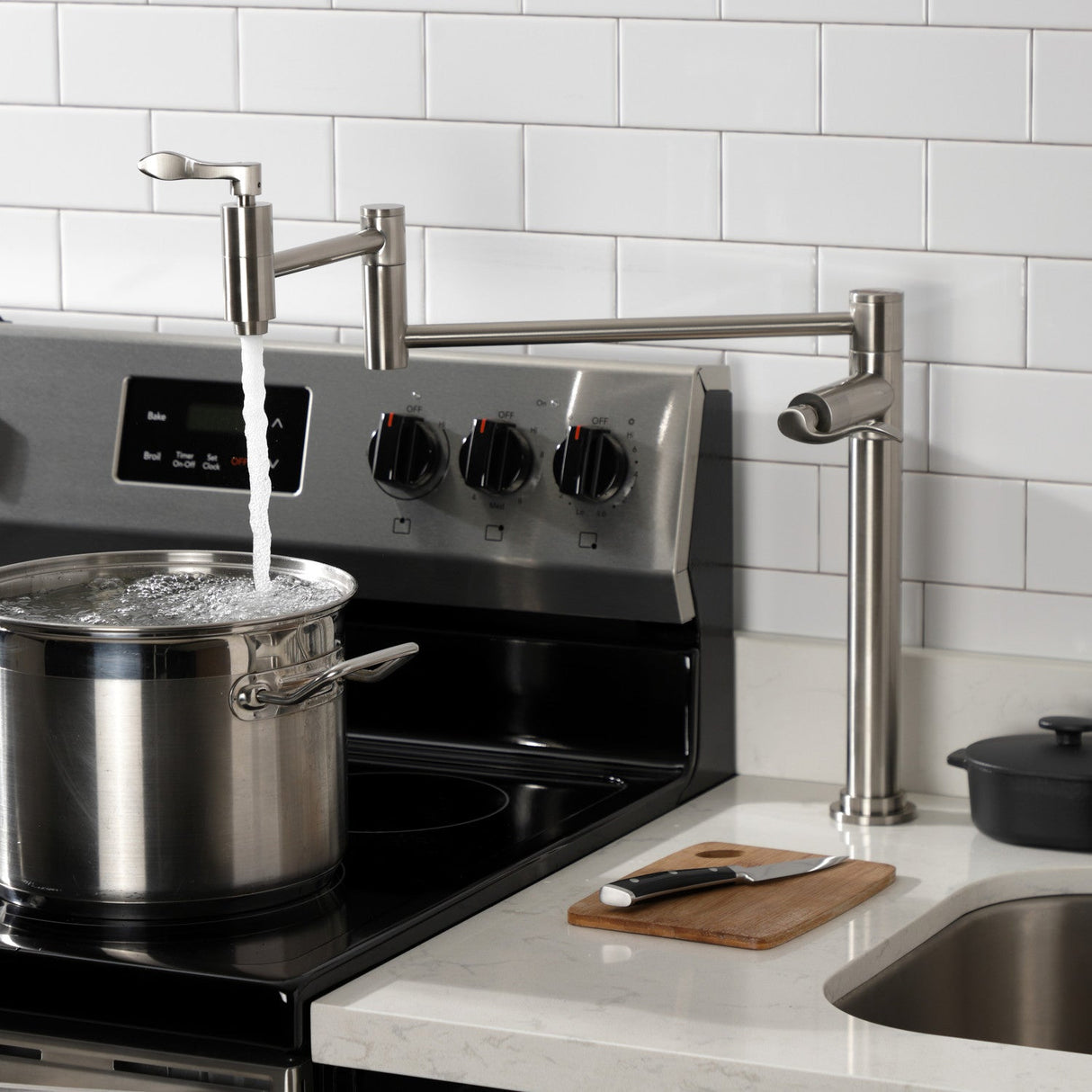 NuWave KS8708DFL Two-Handle 1-Hole Deck Mount Pot Filler, Brushed Nickel