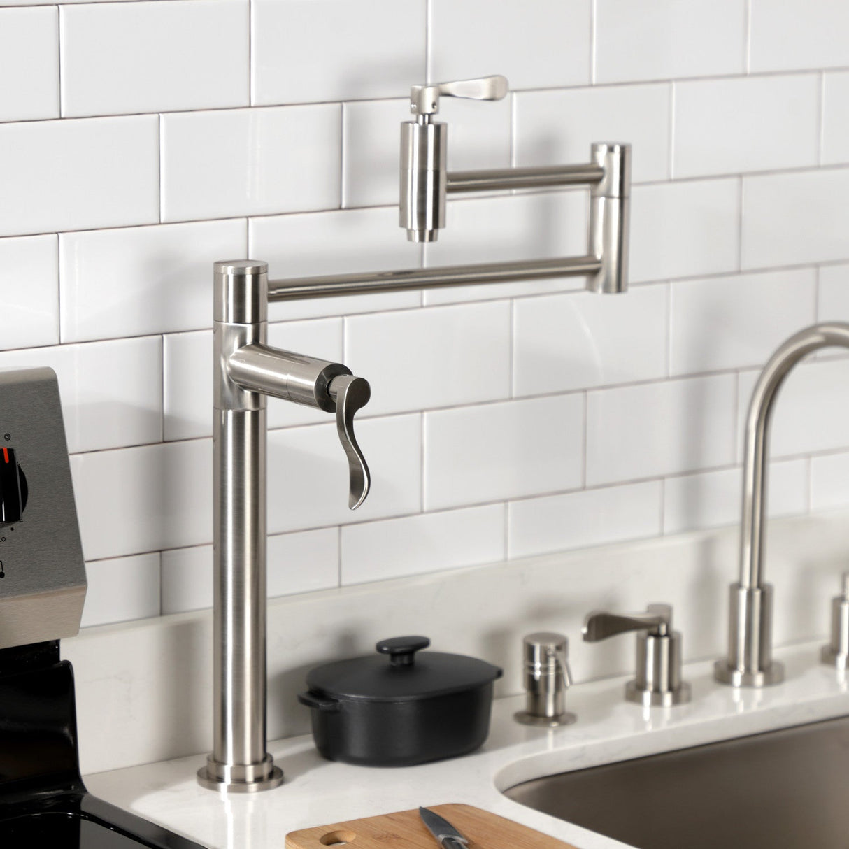 NuWave KS8708DFL Two-Handle 1-Hole Deck Mount Pot Filler, Brushed Nickel