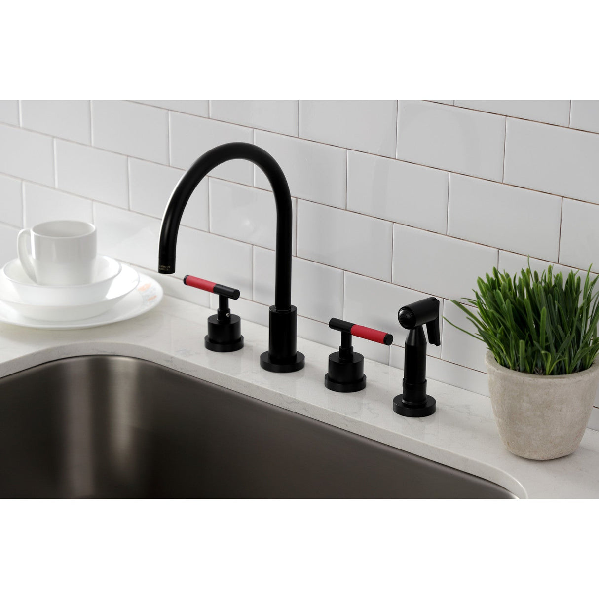 Kaiser KS8720CKLBS Widespread Kitchen Faucet with Brass Sprayer, Matte Black