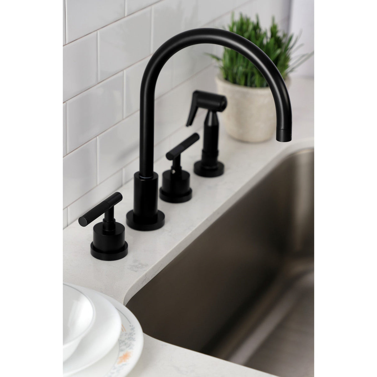 Kaiser KS8720CKLBS Widespread Kitchen Faucet with Brass Sprayer, Matte Black