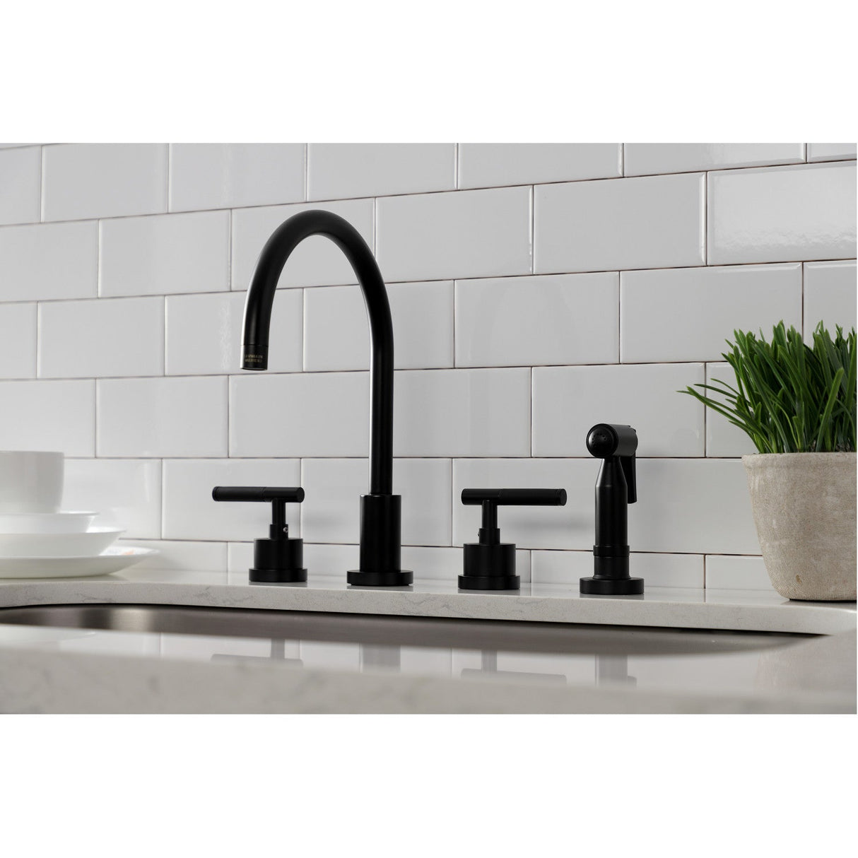Kaiser KS8720CKLBS Widespread Kitchen Faucet with Brass Sprayer, Matte Black