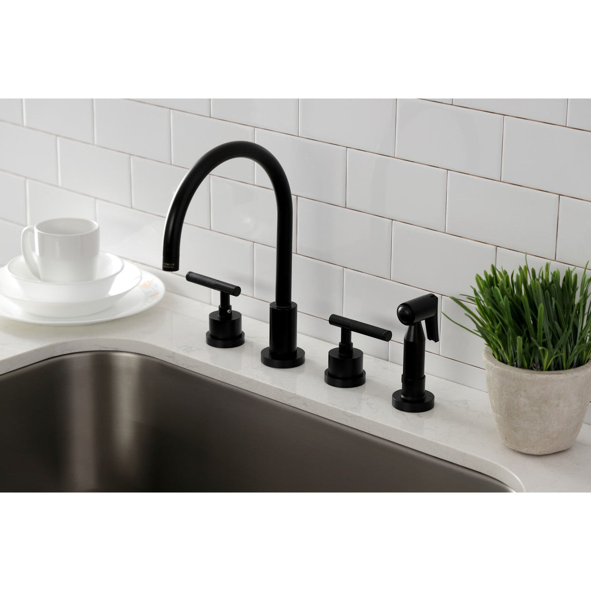 Kaiser KS8720CKLBS Widespread Kitchen Faucet with Brass Sprayer, Matte Black