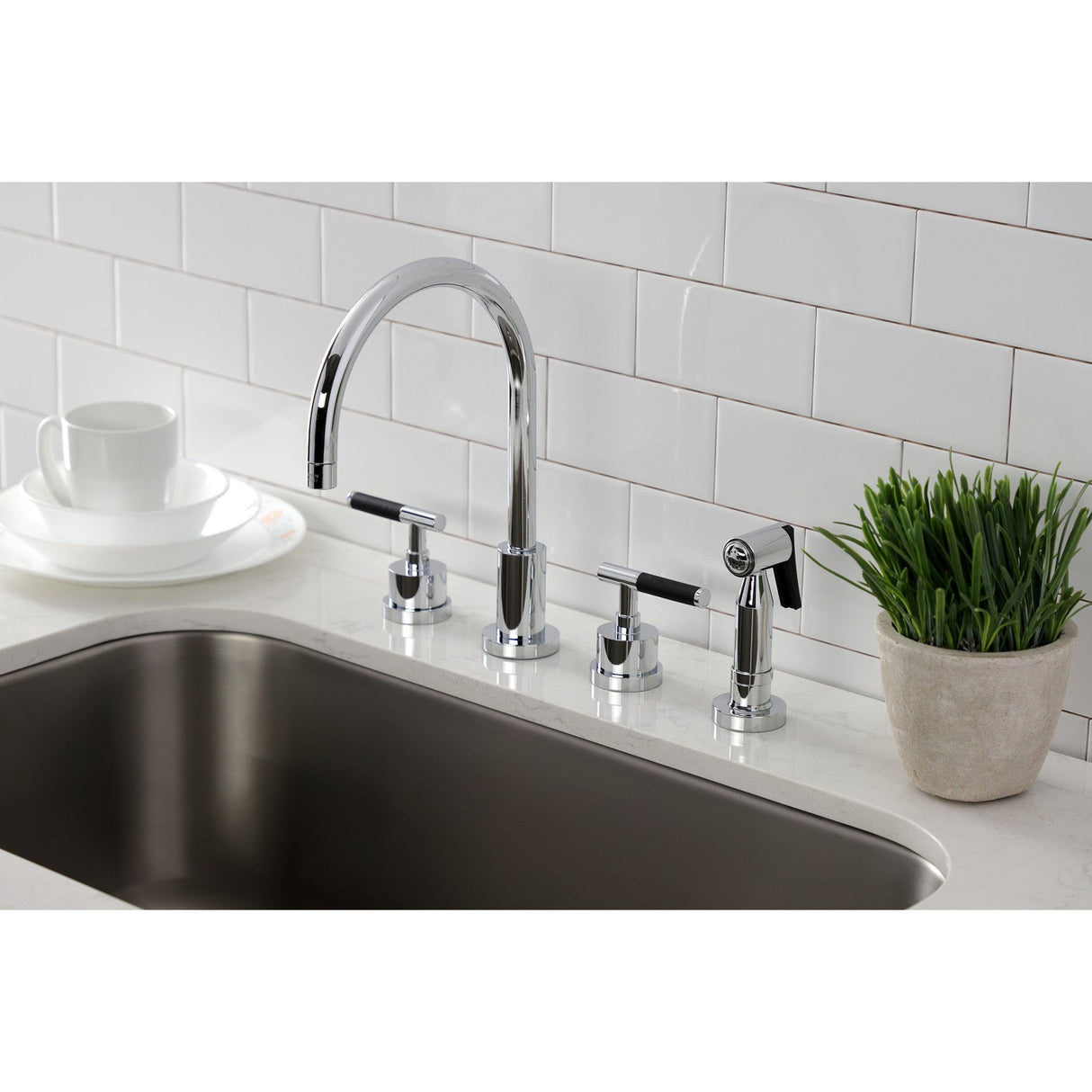 Kaiser KS8721CKLBS Widespread Kitchen Faucet with Brass Sprayer, Polished Chrome