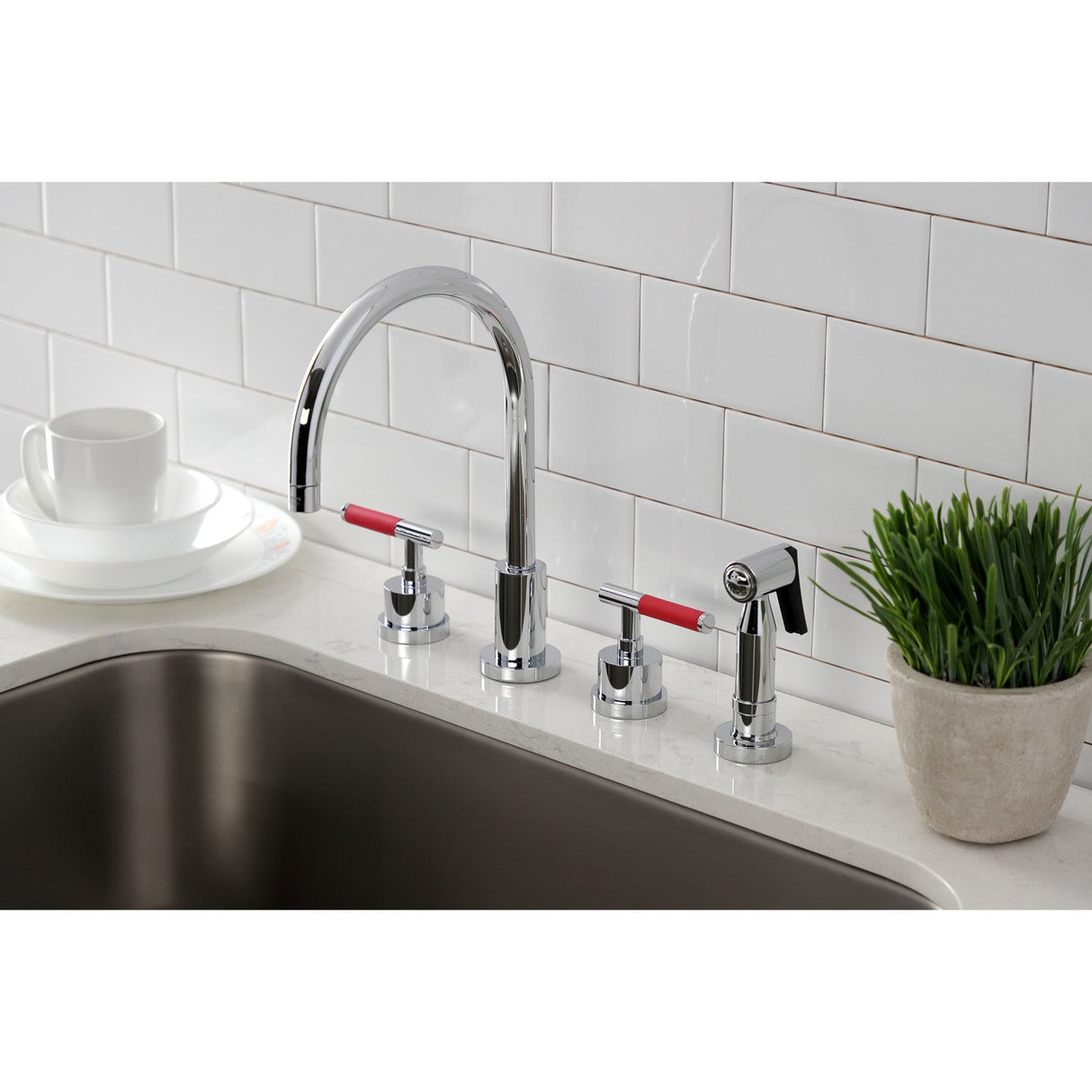 Kaiser KS8721CKLBS Widespread Kitchen Faucet with Brass Sprayer, Polished Chrome