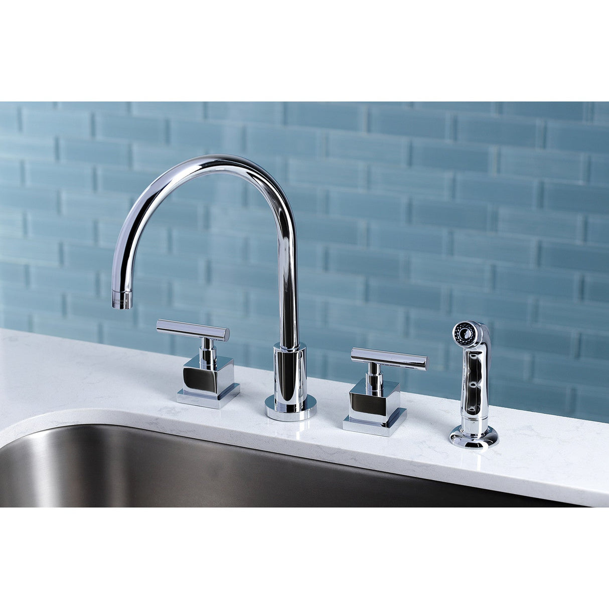 Claremont KS8721CQL Two-Handle 4-Hole Deck Mount Widespread Kitchen Faucet with Plastic Sprayer, Polished Chrome