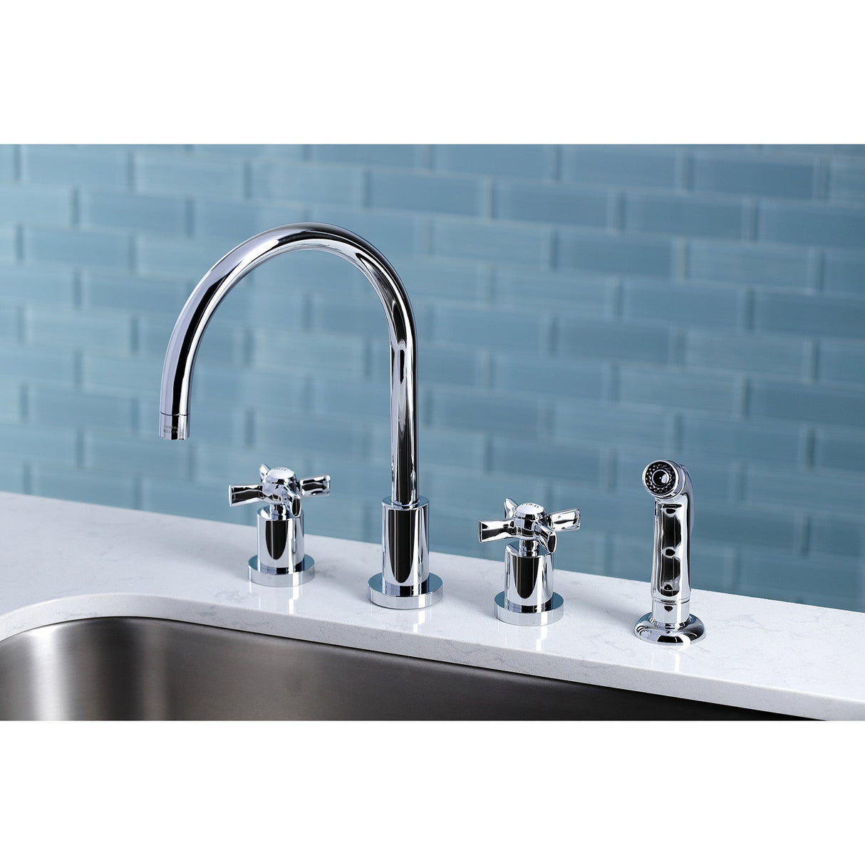 Millennium KS8721ZX Two-Handle 4-Hole Deck Mount Widespread Kitchen Faucet with Plastic Sprayer, Polished Chrome