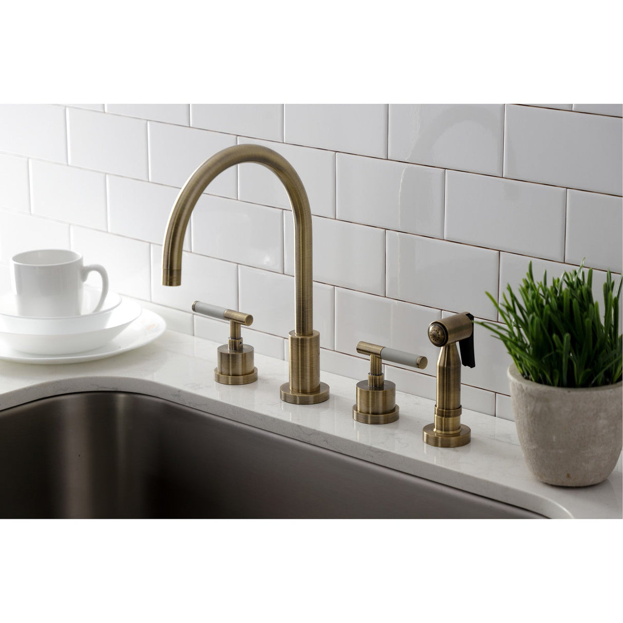 Kaiser KS8723CKLBS Widespread Kitchen Faucet with Brass Sprayer, Antique Brass