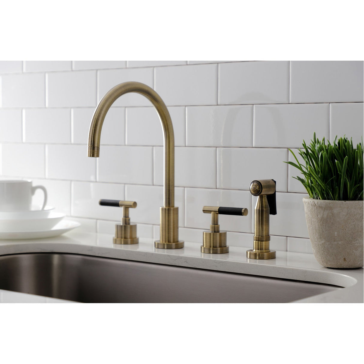 Kaiser KS8723CKLBS Widespread Kitchen Faucet with Brass Sprayer, Antique Brass