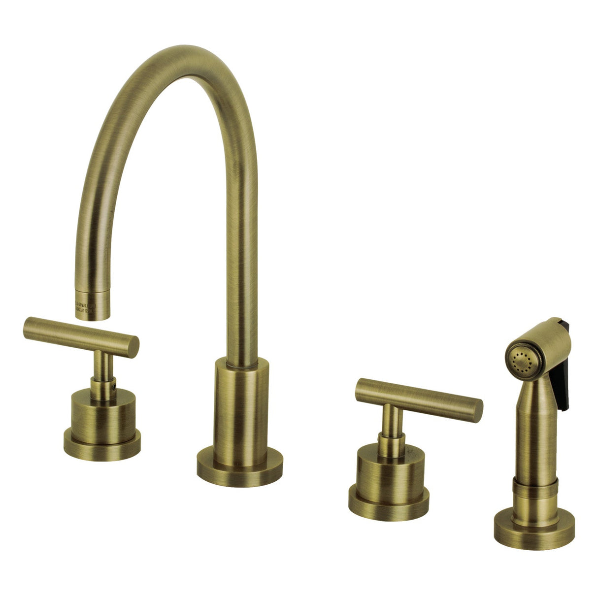 Manhattan KS8723CMLBS Two-Handle 4-Hole Deck Mount Widespread Kitchen Faucet with Brass Sprayer, Antique Brass