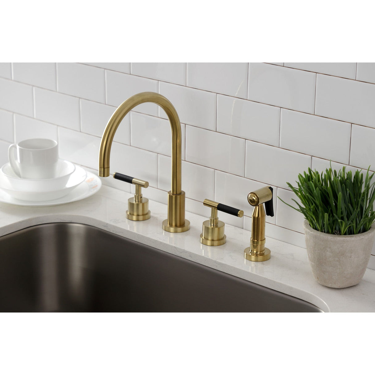 Kaiser KS8727CKLBS Widespread Kitchen Faucet with Brass Sprayer, Brushed Brass