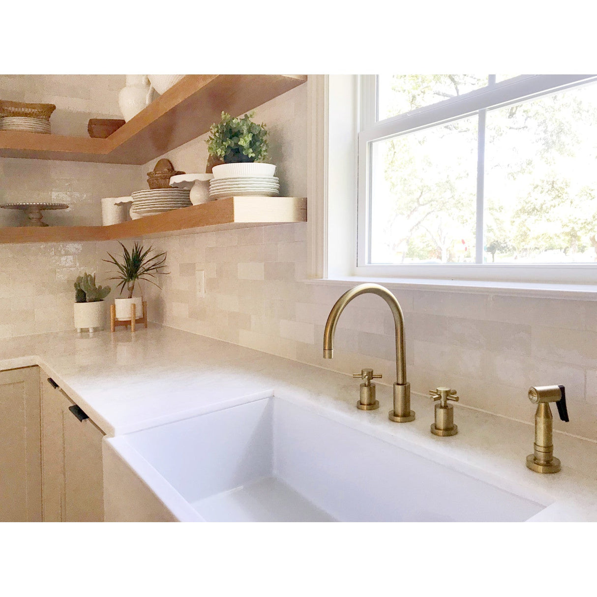 Concord KS8727DXBS Two-Handle 4-Hole Deck Mount Widespread Kitchen Faucet with Brass Sprayer, Brushed Brass