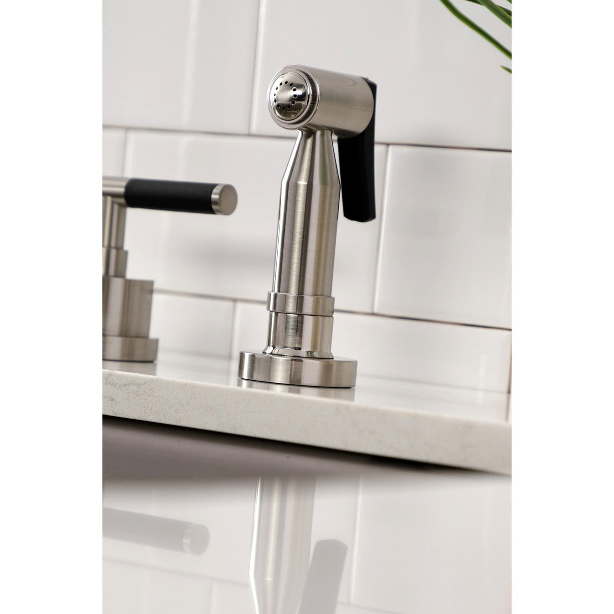 Kaiser KS8728CKLBS Widespread Kitchen Faucet with Brass Sprayer, Brushed Nickel