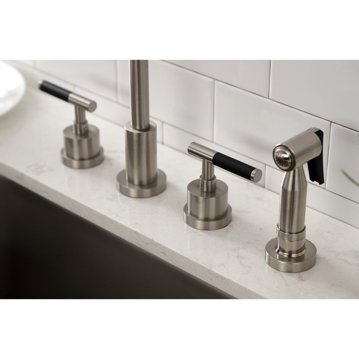 Kaiser KS8728CKLBS Widespread Kitchen Faucet with Brass Sprayer, Brushed Nickel