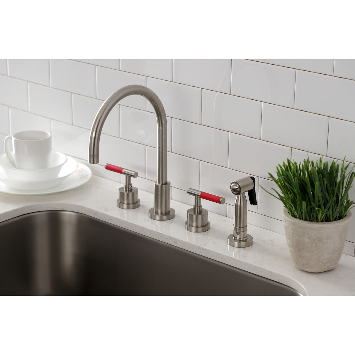 Kaiser KS8728CKLBS Widespread Kitchen Faucet with Brass Sprayer, Brushed Nickel