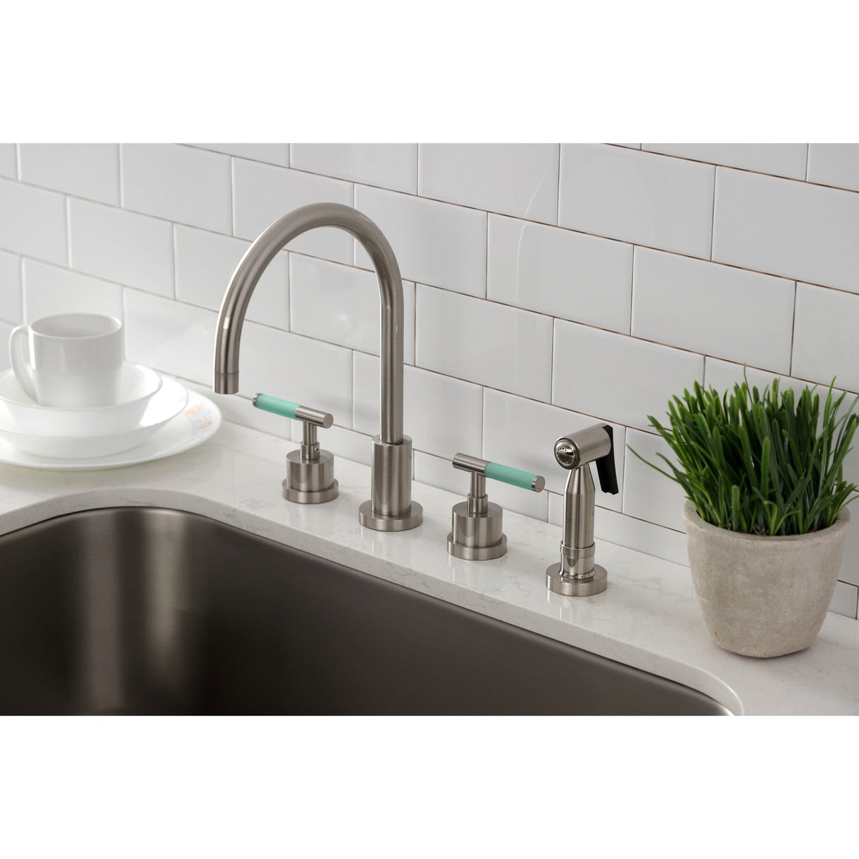 Kaiser KS8728CKLBS Widespread Kitchen Faucet with Brass Sprayer, Brushed Nickel