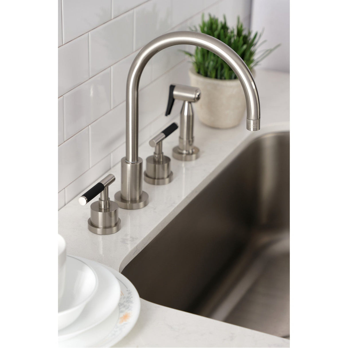 Kaiser KS8728CKLBS Widespread Kitchen Faucet with Brass Sprayer, Brushed Nickel