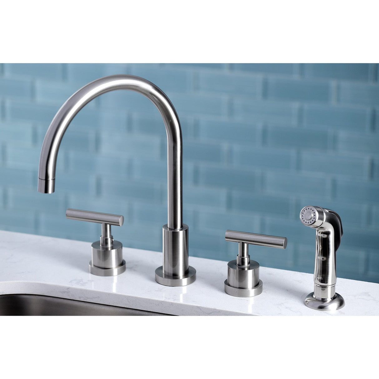 Manhattan KS8728CML Two-Handle 4-Hole Deck Mount Widespread Kitchen Faucet with Plastic Sprayer, Brushed Nickel
