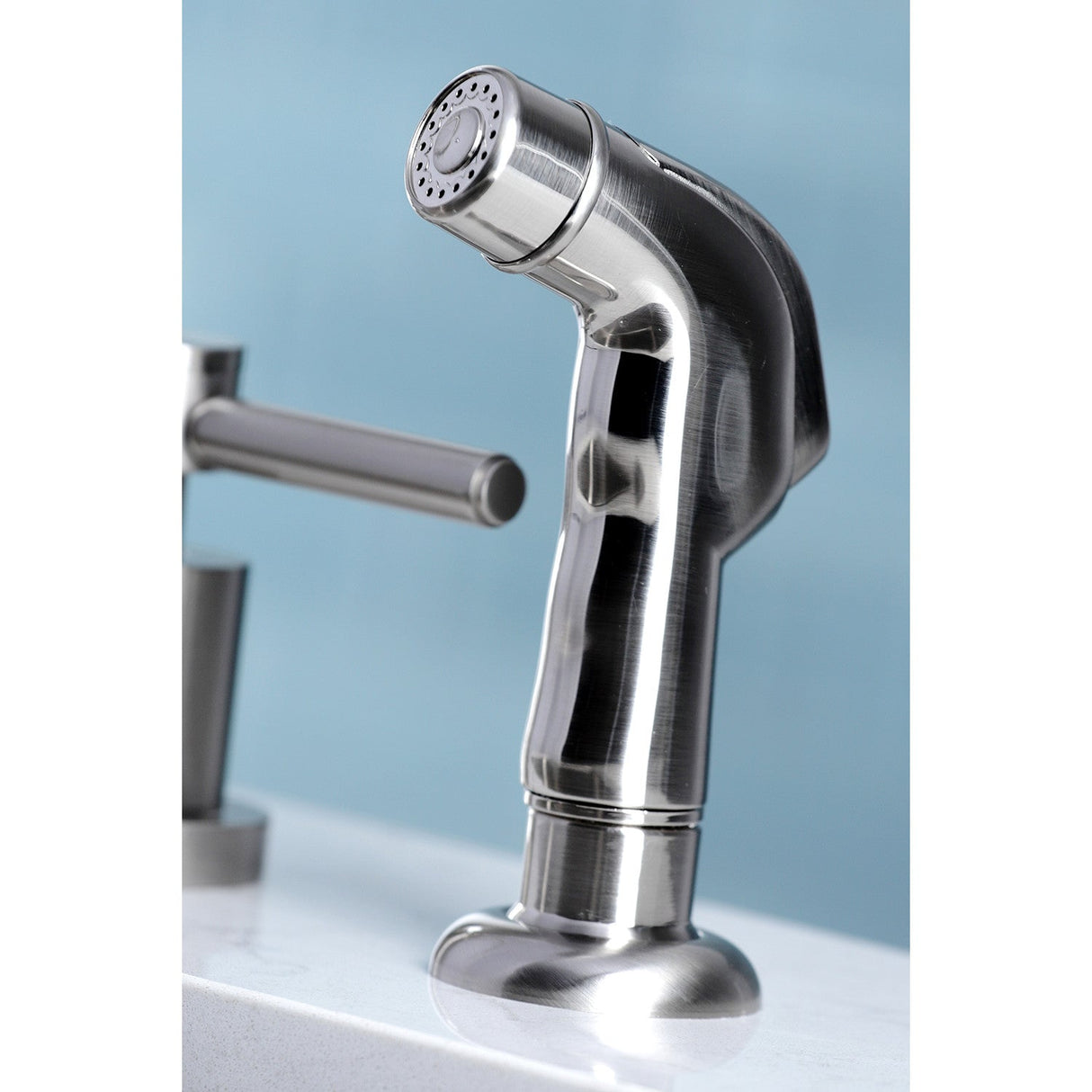 Concord KS8728DL Two-Handle 4-Hole Deck Mount Widespread Kitchen Faucet with Plastic Sprayer, Brushed Nickel