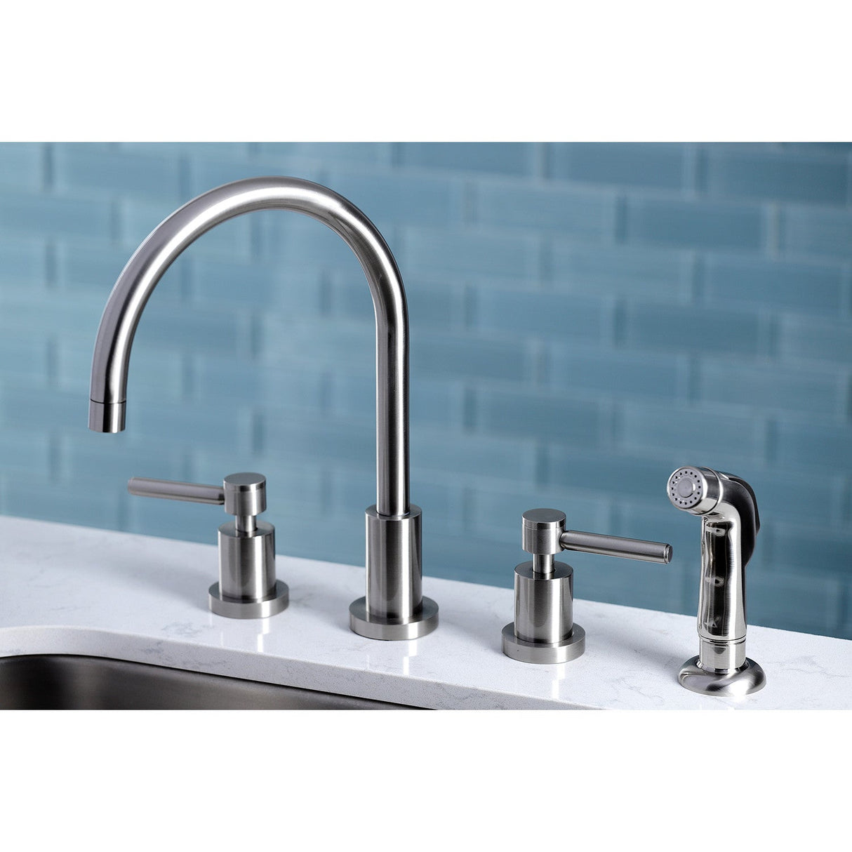 Concord KS8728DL Two-Handle 4-Hole Deck Mount Widespread Kitchen Faucet with Plastic Sprayer, Brushed Nickel