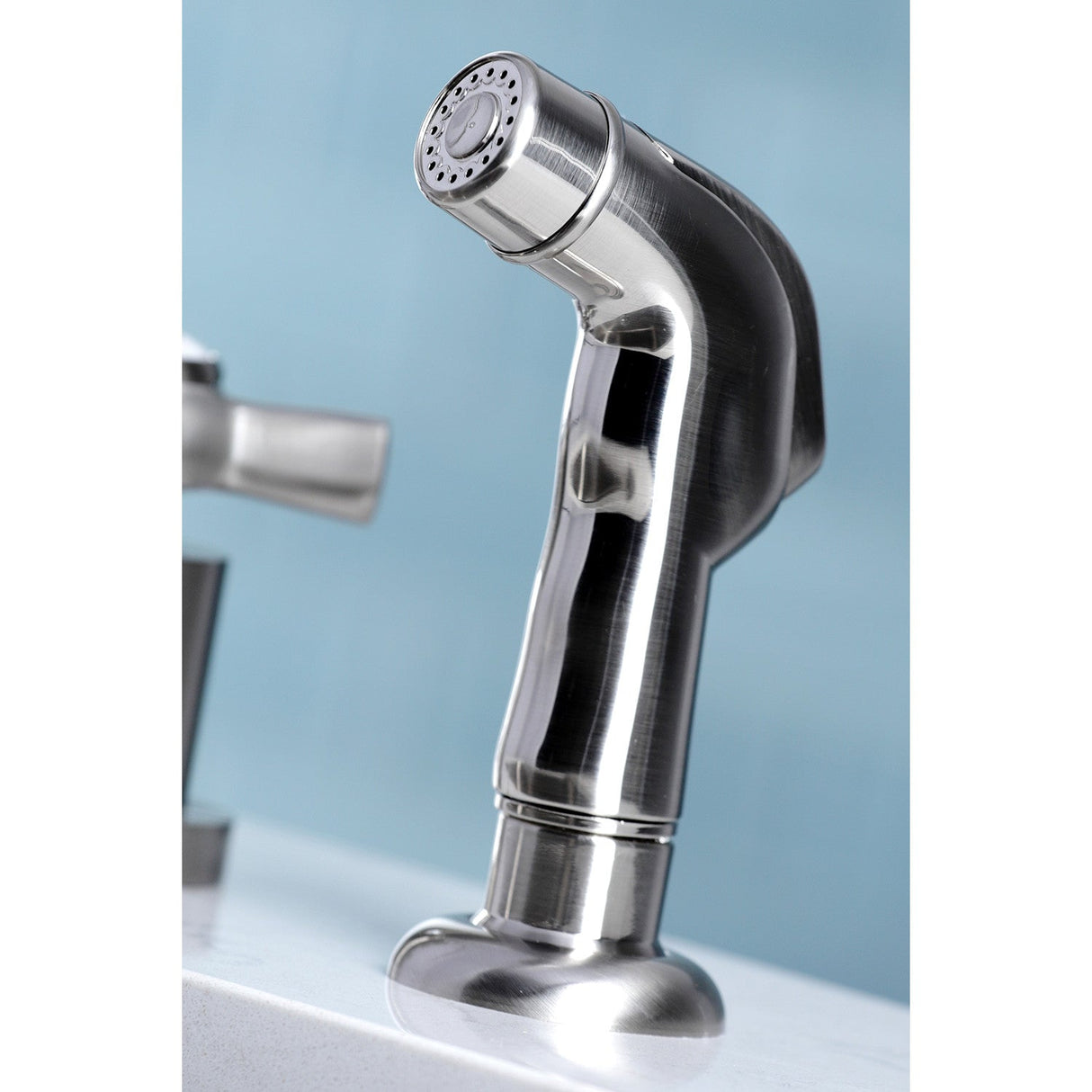 Millennium KS8728ZX Two-Handle 4-Hole Deck Mount Widespread Kitchen Faucet with Plastic Sprayer, Brushed Nickel