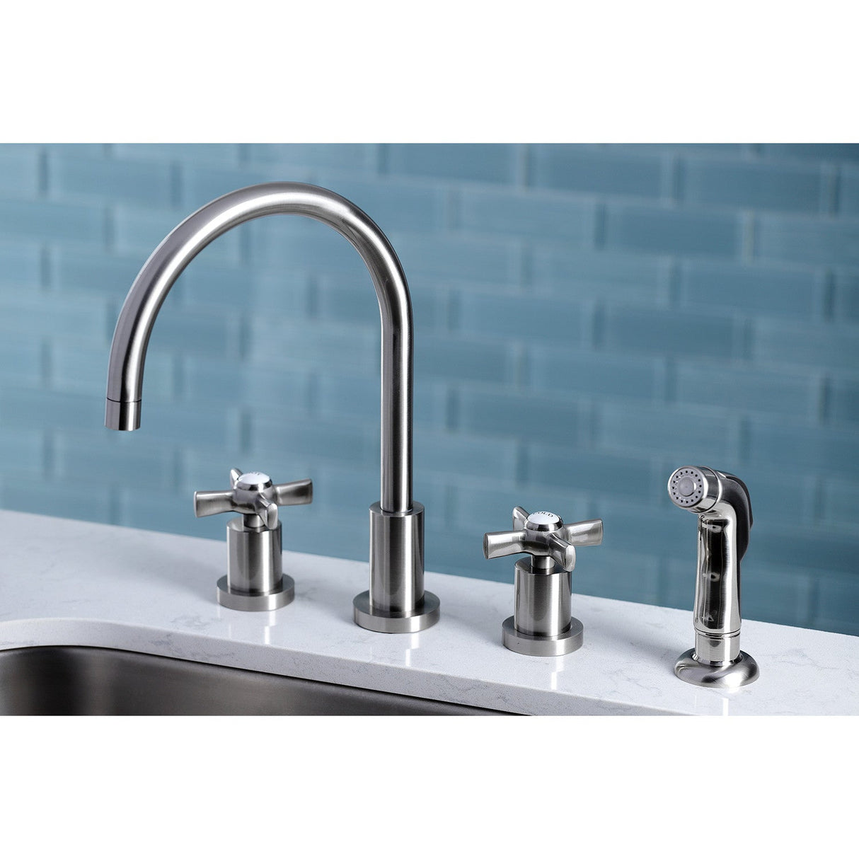 Millennium KS8728ZX Two-Handle 4-Hole Deck Mount Widespread Kitchen Faucet with Plastic Sprayer, Brushed Nickel
