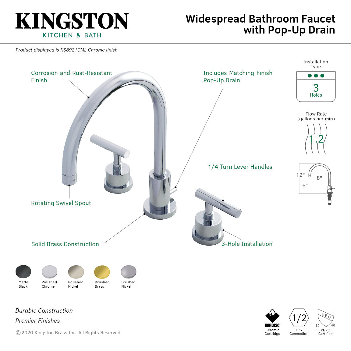 Manhattan KS8921CML Two-Handle 3-Hole Deck Mount Widespread Bathroom Faucet with Brass Pop-Up, Polished Chrome
