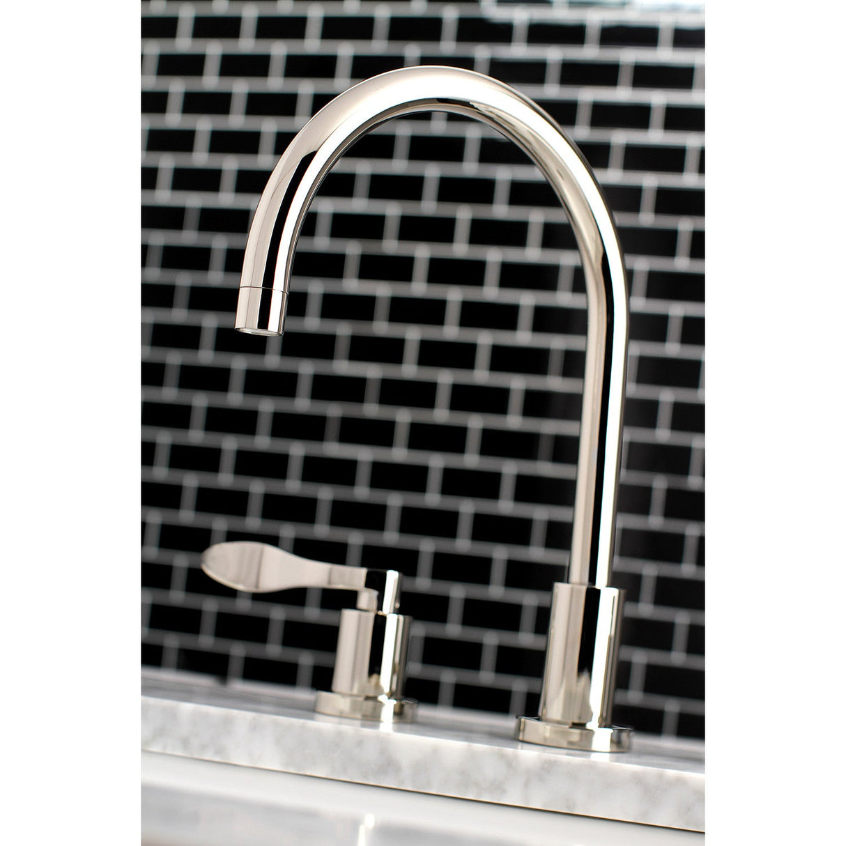 NuWave KS8926DFL Two-Handle 3-Hole Deck Mount Widespread Bathroom Faucet with Brass Pop-Up, Polished Nickel