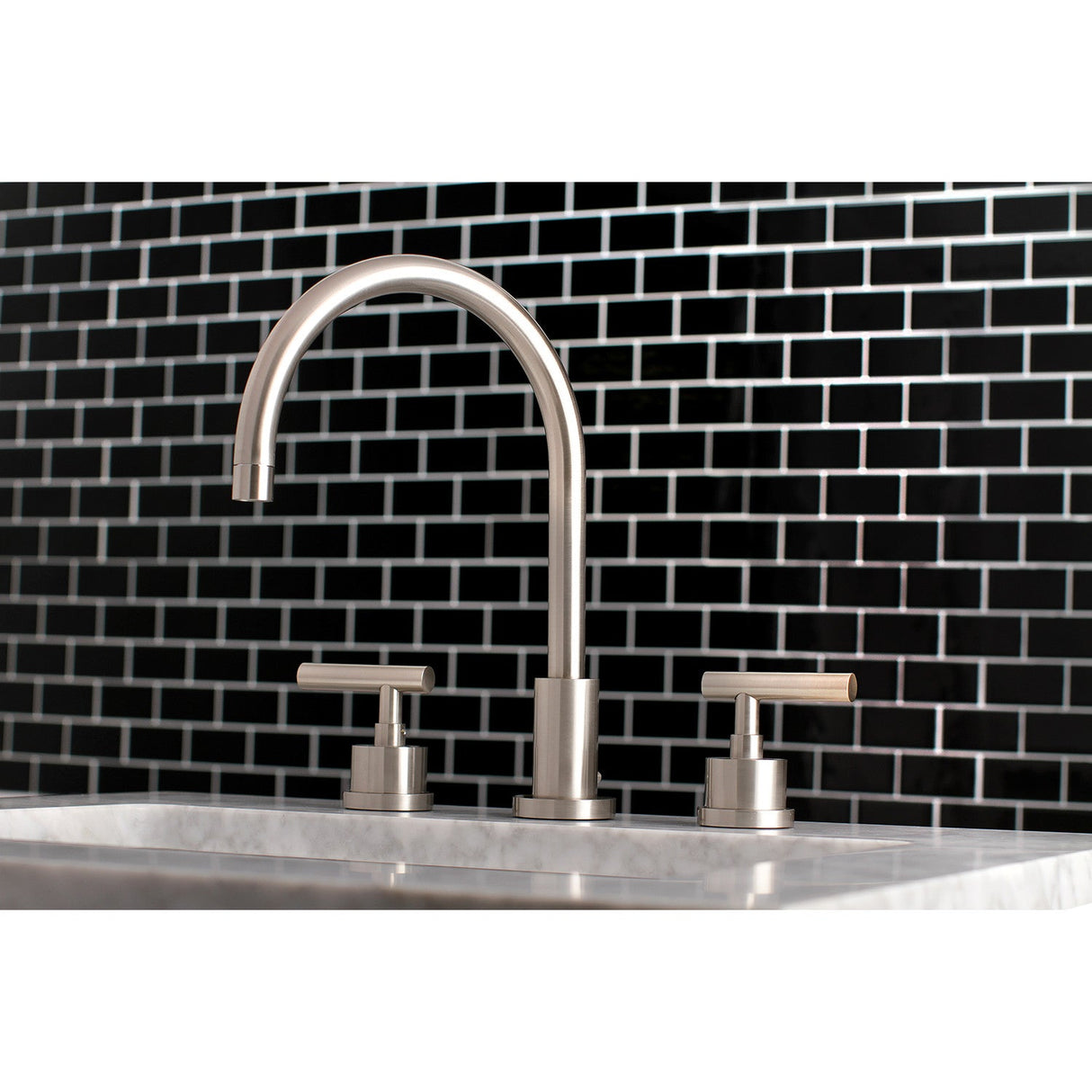 Manhattan KS8928CML Two-Handle 3-Hole Deck Mount Widespread Bathroom Faucet with Brass Pop-Up, Brushed Nickel