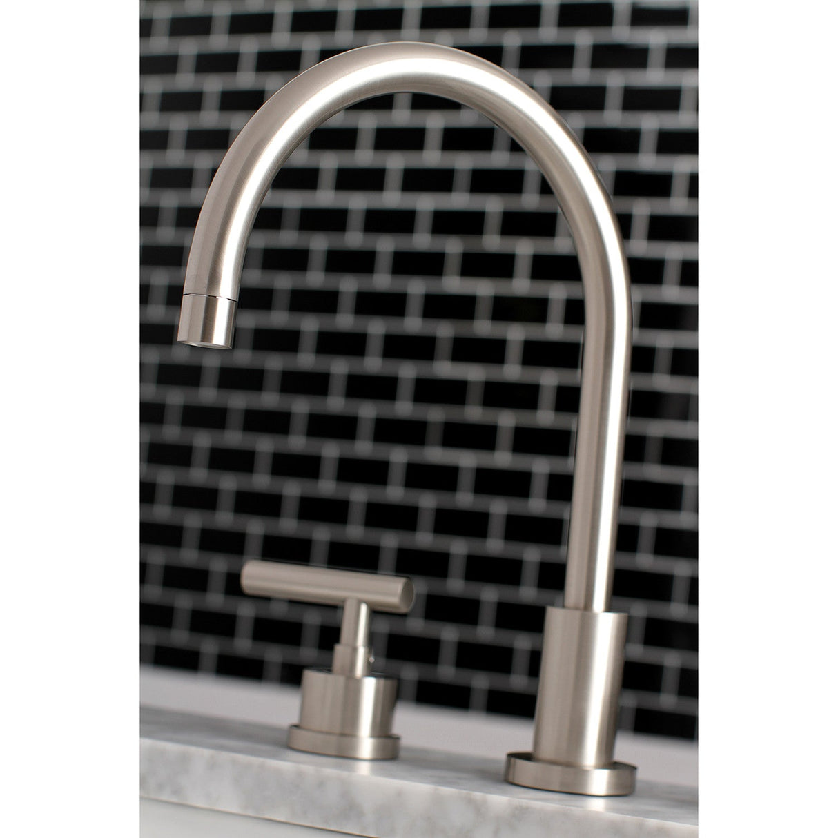 Manhattan KS8928CML Two-Handle 3-Hole Deck Mount Widespread Bathroom Faucet with Brass Pop-Up, Brushed Nickel