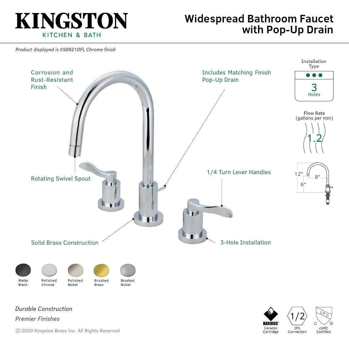NuWave KS8928DFL Two-Handle 3-Hole Deck Mount Widespread Bathroom Faucet with Brass Pop-Up, Brushed Nickel