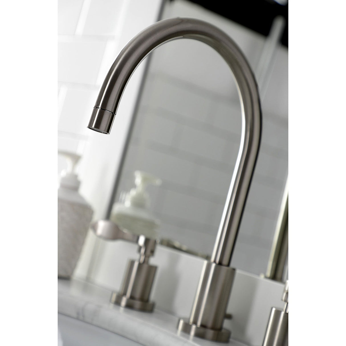 NuWave KS8928DFL Two-Handle 3-Hole Deck Mount Widespread Bathroom Faucet with Brass Pop-Up, Brushed Nickel
