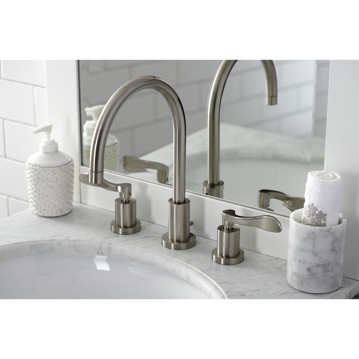 NuWave KS8928DFL Two-Handle 3-Hole Deck Mount Widespread Bathroom Faucet with Brass Pop-Up, Brushed Nickel