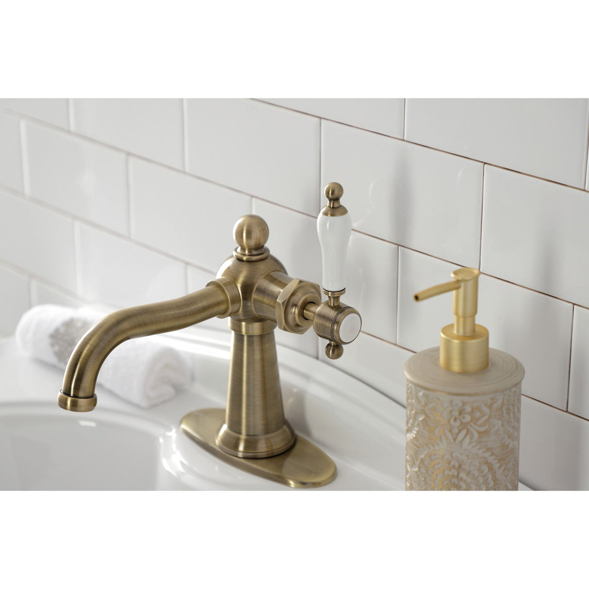 Nautical KSD154KLAB Single-Handle 1-Hole Deck Mount Bathroom Faucet with Push Pop-Up and Deck Plate, Antique Brass