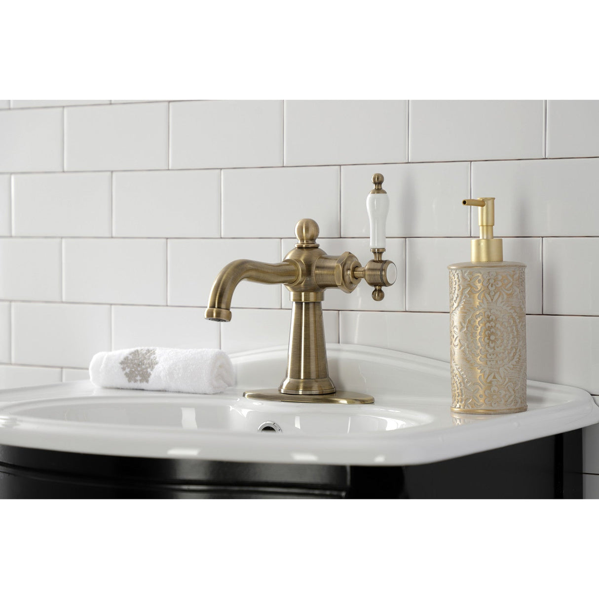 Nautical KSD154KLAB Single-Handle 1-Hole Deck Mount Bathroom Faucet with Push Pop-Up and Deck Plate, Antique Brass
