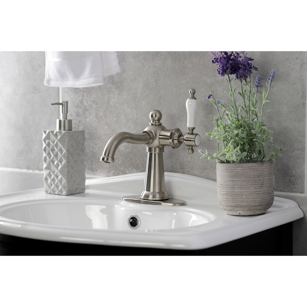 Nautical KSD154KLBN Single-Handle 1-Hole Deck Mount Bathroom Faucet with Push Pop-Up and Deck Plate, Brushed Nickel