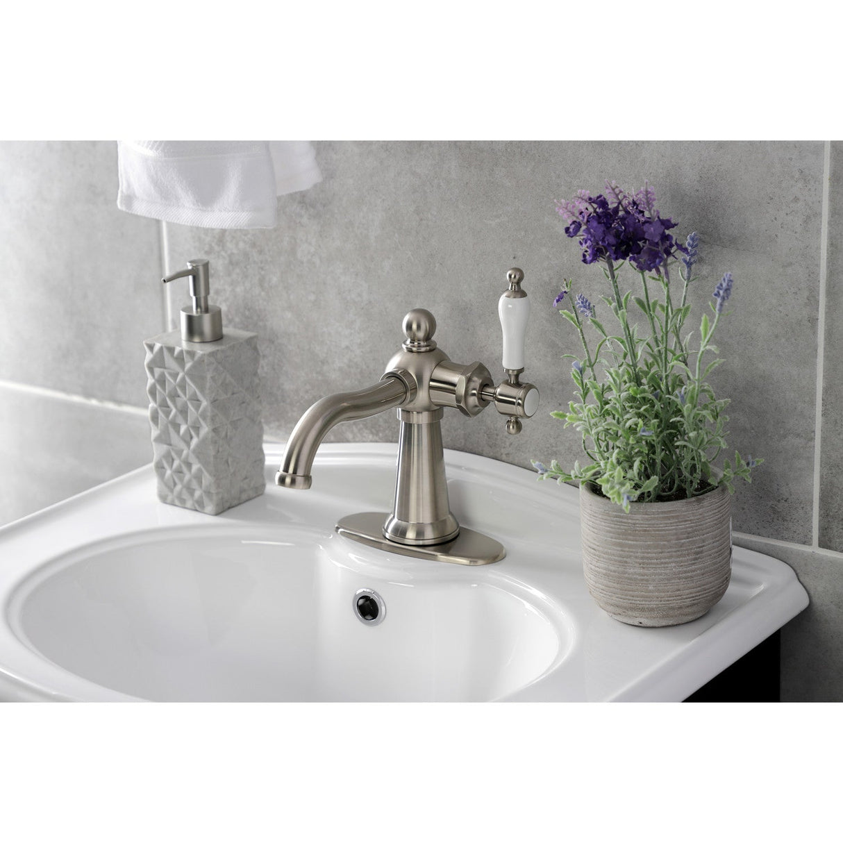 Nautical KSD154KLBN Single-Handle 1-Hole Deck Mount Bathroom Faucet with Push Pop-Up and Deck Plate, Brushed Nickel