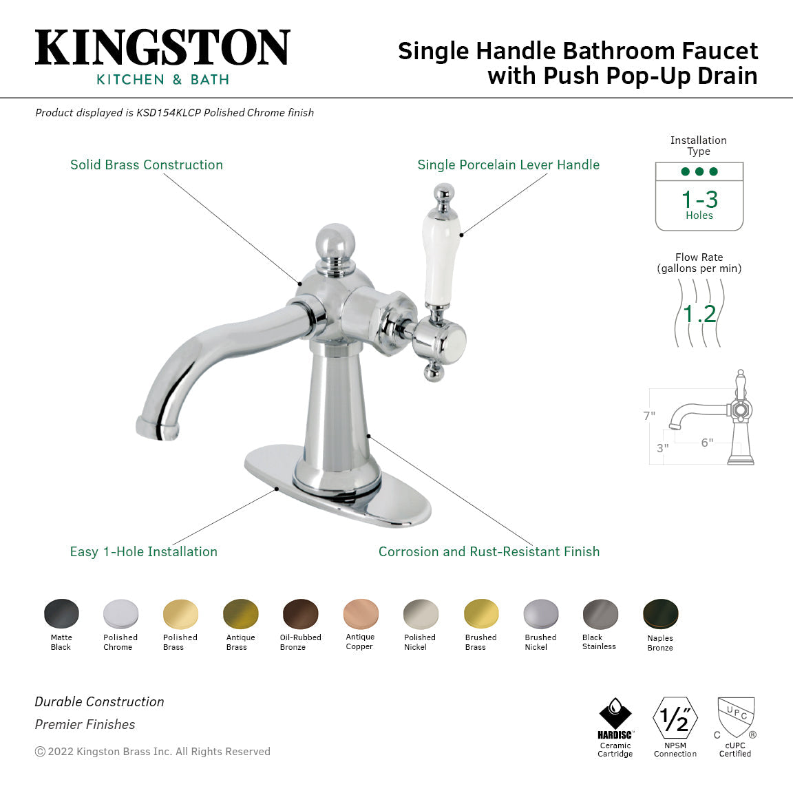 Nautical KSD154KLCP Single-Handle 1-Hole Deck Mount Bathroom Faucet with Push Pop-Up and Deck Plate, Polished Chrome