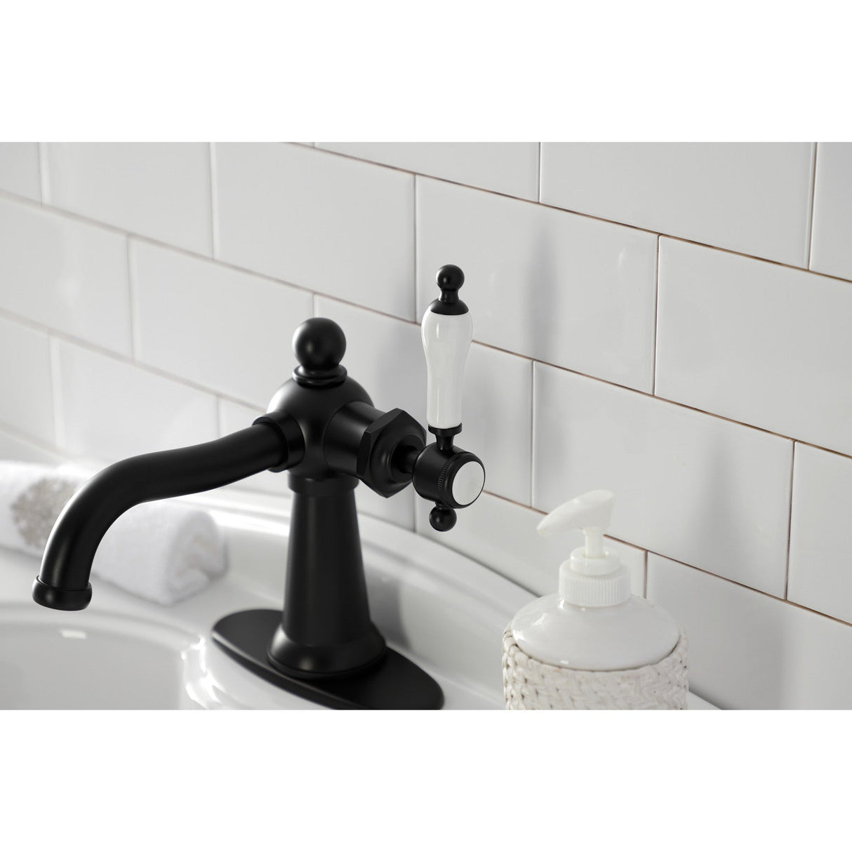 Nautical KSD154KLMB Single-Handle 1-Hole Deck Mount Bathroom Faucet with Push Pop-Up and Deck Plate, Matte Black