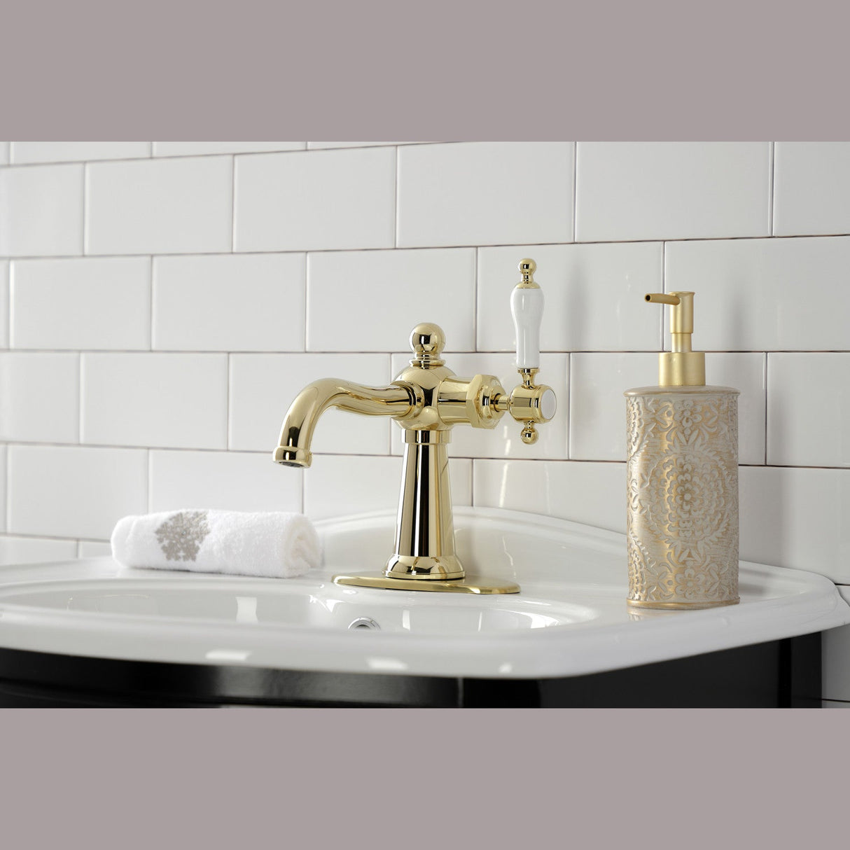 Nautical KSD154KLPB Single-Handle 1-Hole Deck Mount Bathroom Faucet with Push Pop-Up and Deck Plate, Polished Brass