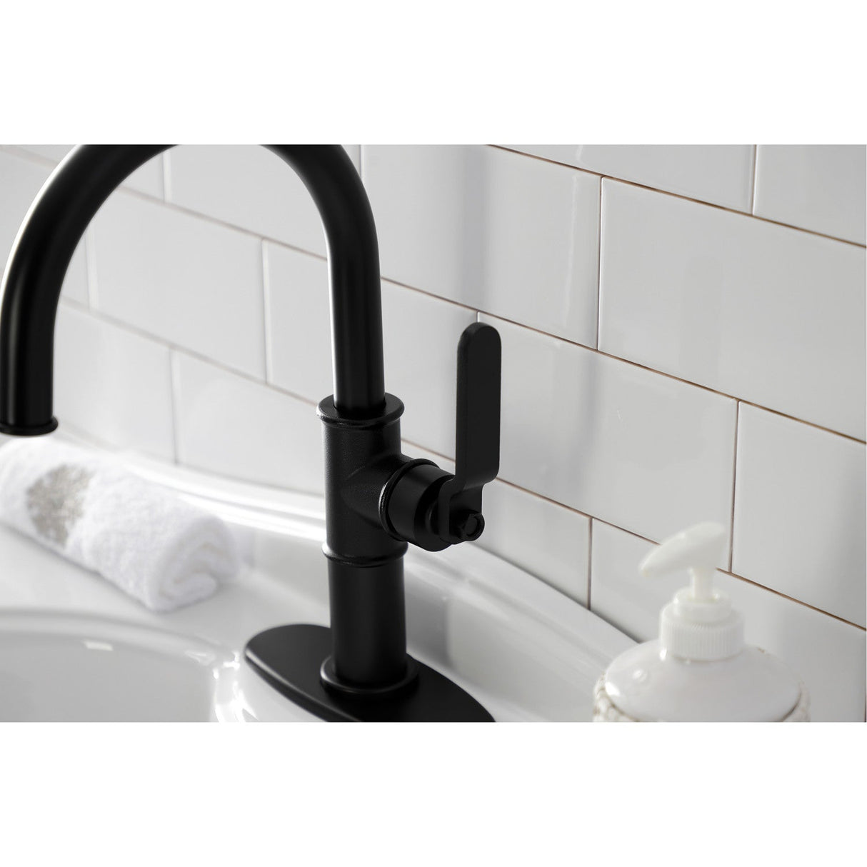 Whitaker KSD2230KL Single-Handle 1-Hole Deck Mount Bathroom Faucet with Push Pop-Up and Deck Plate, Matte Black