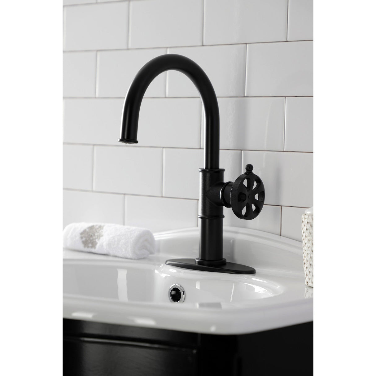 Belknap KSD2230RX Single-Handle 1-Hole Deck Mount Bathroom Faucet with Push Pop-Up and Deck Plate, Matte Black