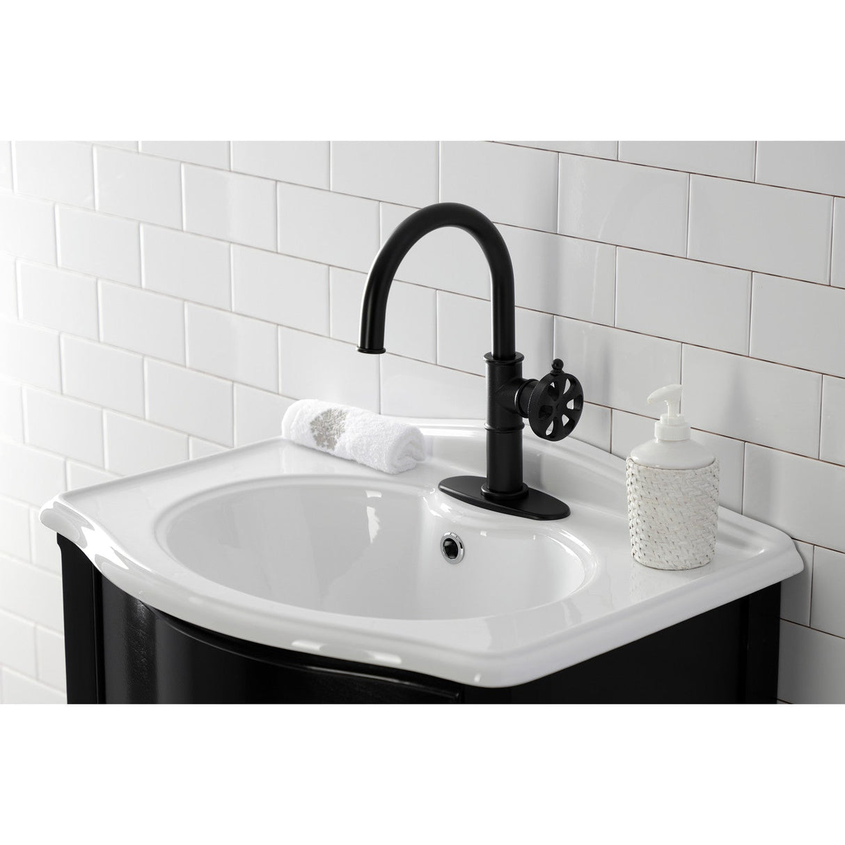 Belknap KSD2230RX Single-Handle 1-Hole Deck Mount Bathroom Faucet with Push Pop-Up and Deck Plate, Matte Black