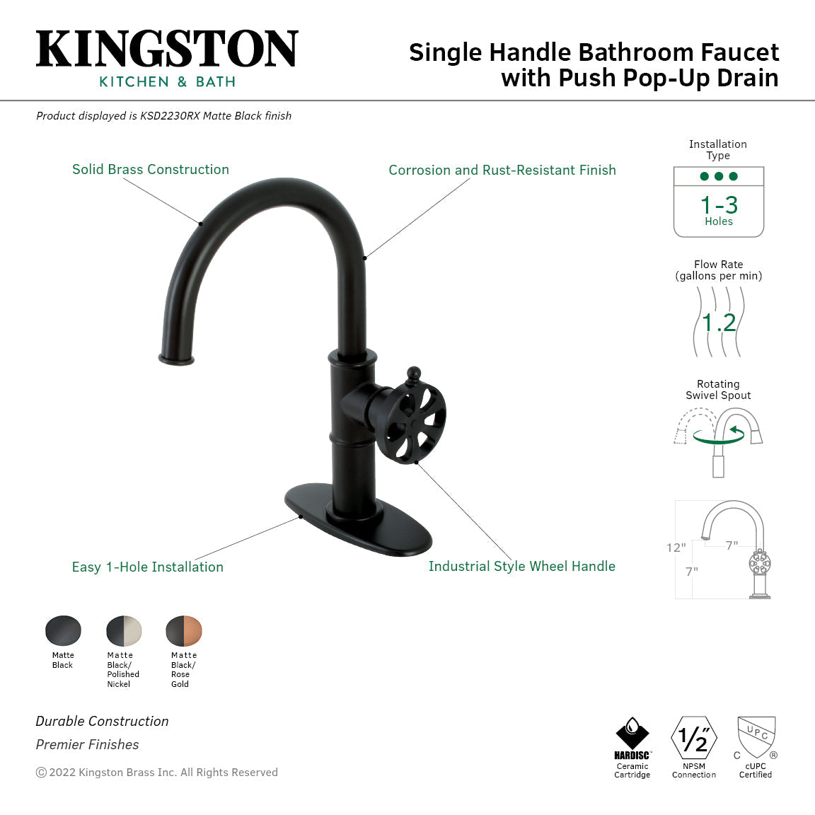 Belknap KSD2236RX Single-Handle 1-Hole Deck Mount Bathroom Faucet with Push Pop-Up and Deck Plate, Matte Black/Polished Nickel